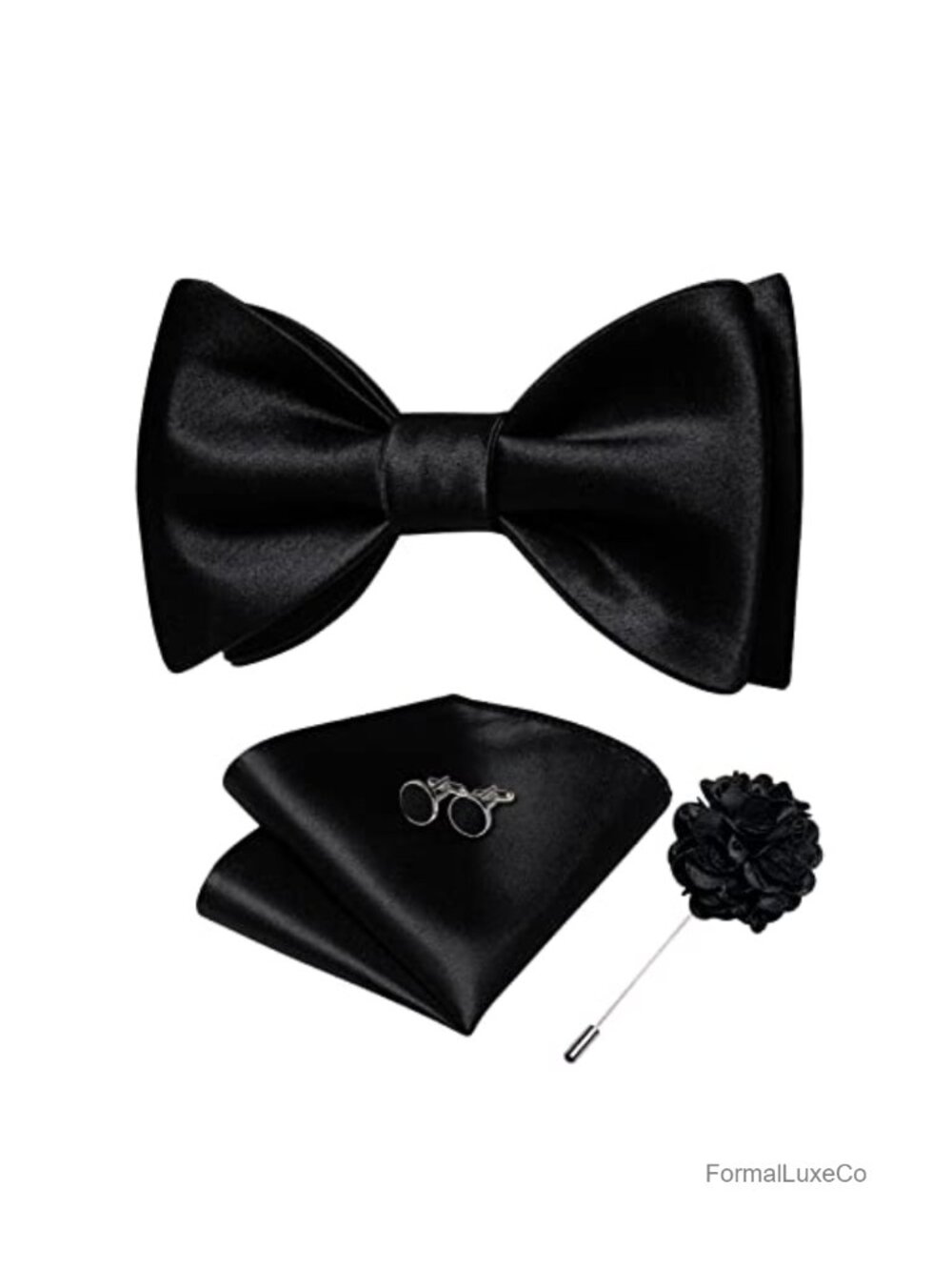 Mens Satin Self-Tied Bowtie Set with Pocket Square Cufflinks Lapel Pin